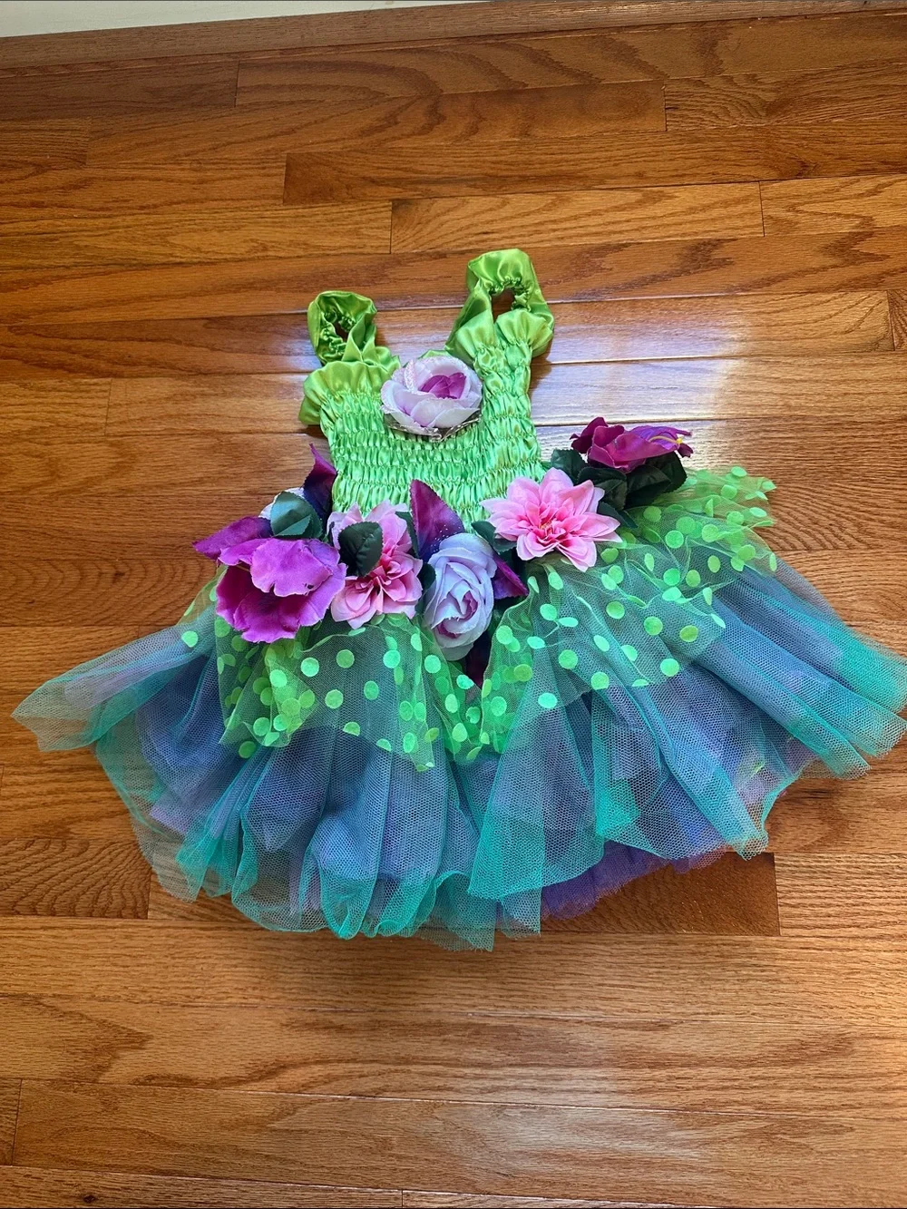 Green Floral Tutu Dress for Kids - Flower Accent Dance Costume size 3-4